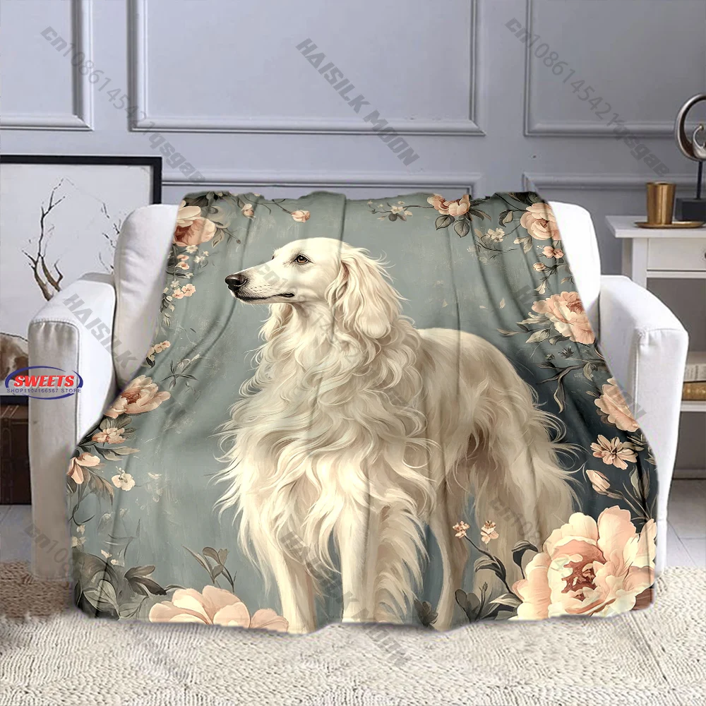 Vintage Long-Haired Dog Floral Throw Blanket Soft Flannel Cozy Blanket for Pet Lovers Home Decor