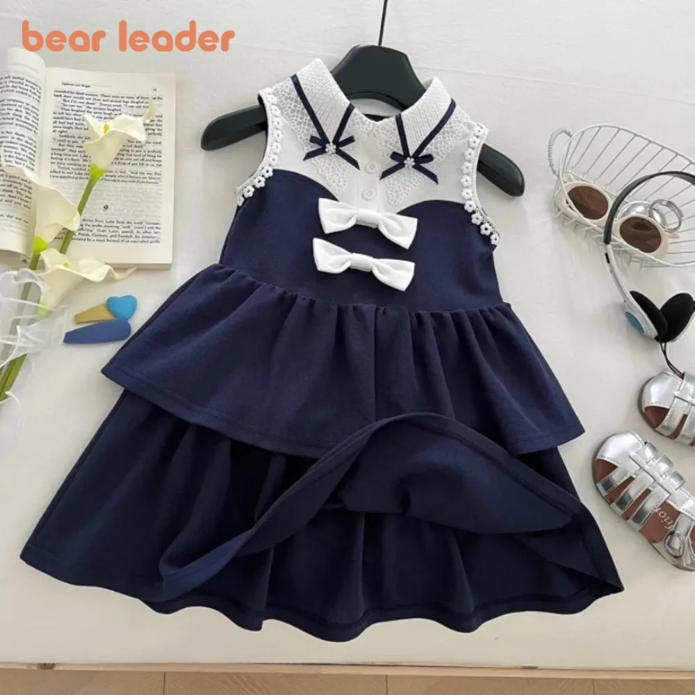 Bear Leader Korean Version Fashion Bow Decoration Hollow Princess Dress Summer New Sleeveless Girls Dresses Children's Clothing