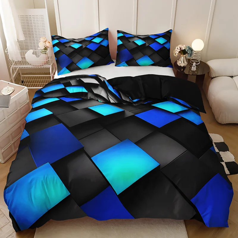 Geometric Abstract Blue and Black Contrast Duvet Cover Set Four Seasons Home Dorm High-Definition Printed Sheet Duvet Cover