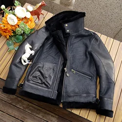 Men's B-3 Shearling Flight Jacket Slim Short Fit Motorcycle Military Style Vintage Winter Warm Wear