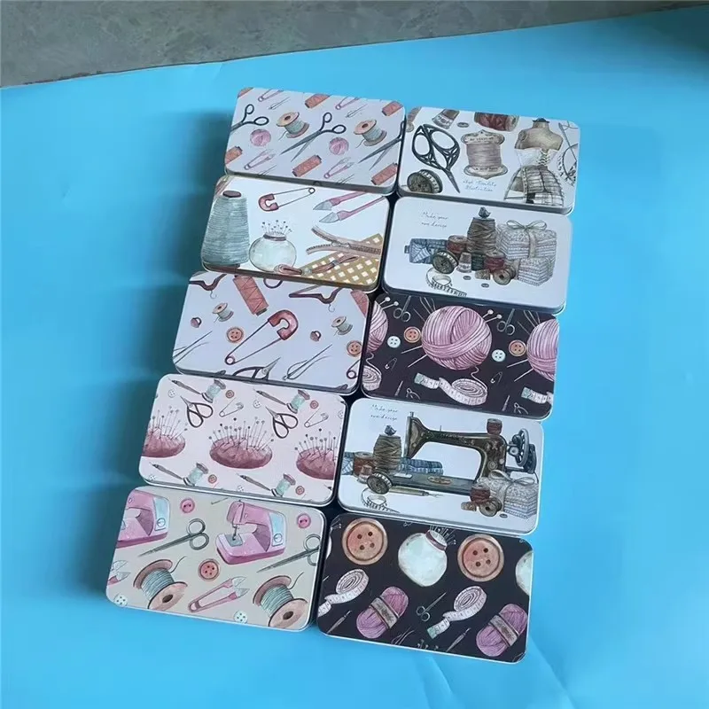 10Pcs Sewing Series Biscuit Packaging Rectangular Tinplate Metal Storage Boxes  For Ornaments ,Sundry Goods,Iron,Gift