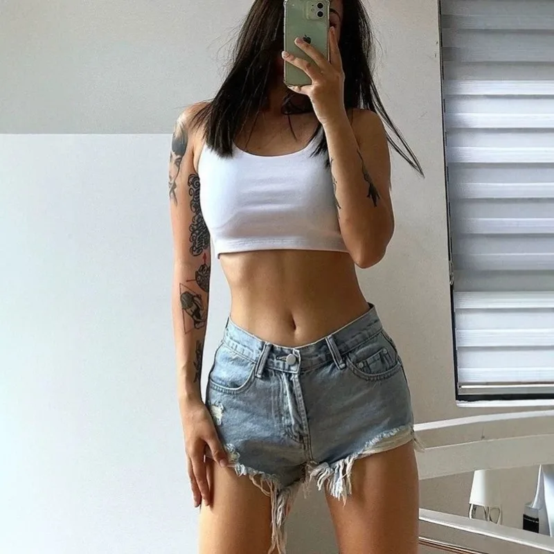 Retro Old Ripped Rough Edge White Denim Shorts Low Waist Spice Girl Style A-shaped Hot Pants view 5