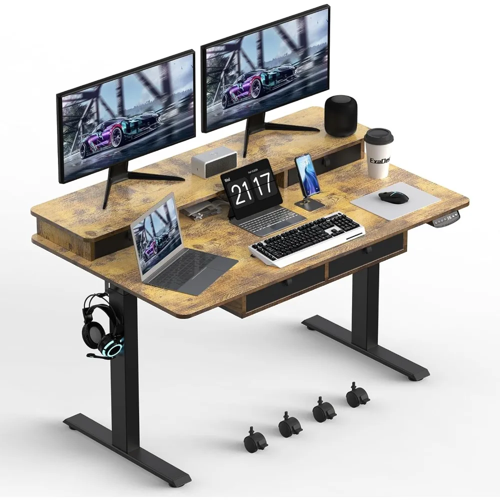 

Electric Standing Widened Desk Adjustable Height with 4 Drawers, Double Storage Shelves, Home Office Workstation Desk