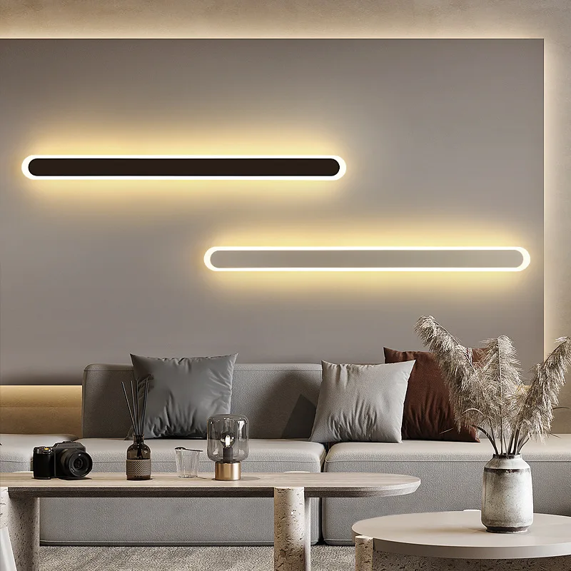 Modern LED Long Wall Sconce – 120cm Black Minimalist Light, 2700-3500K Warm White, Aluminum & Acrylic, For Bedroom, Living Room, Hallway