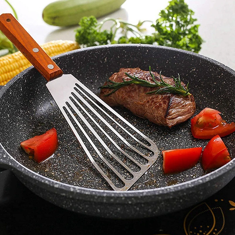 Stainless Steel Fish Frying Shovel With Wooden Handle Fan-shaped Shovel Household High-temperature Shovel