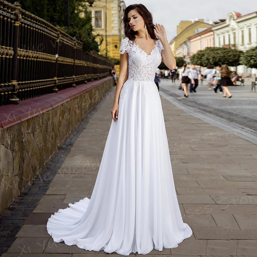 Vestidos De novia De línea A con cuello en V para mujer, Apliques De encaje románticos, vestidos De novia De manga corta con botones, Vestido De playa encantador