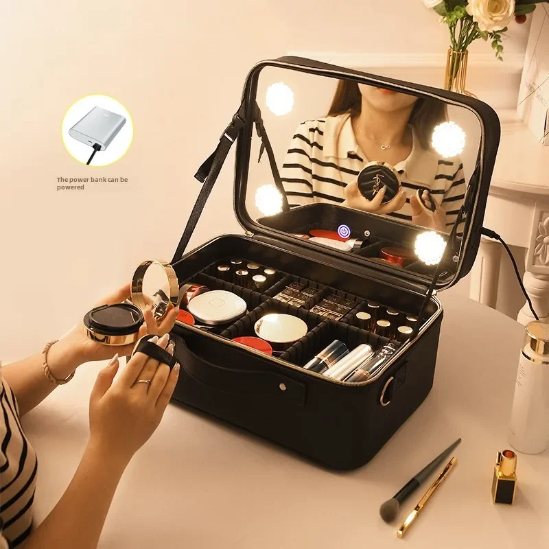 Cosmetic bag professional follow-up artist with lamp with mirror led portable large-capacity cosmetic storage box