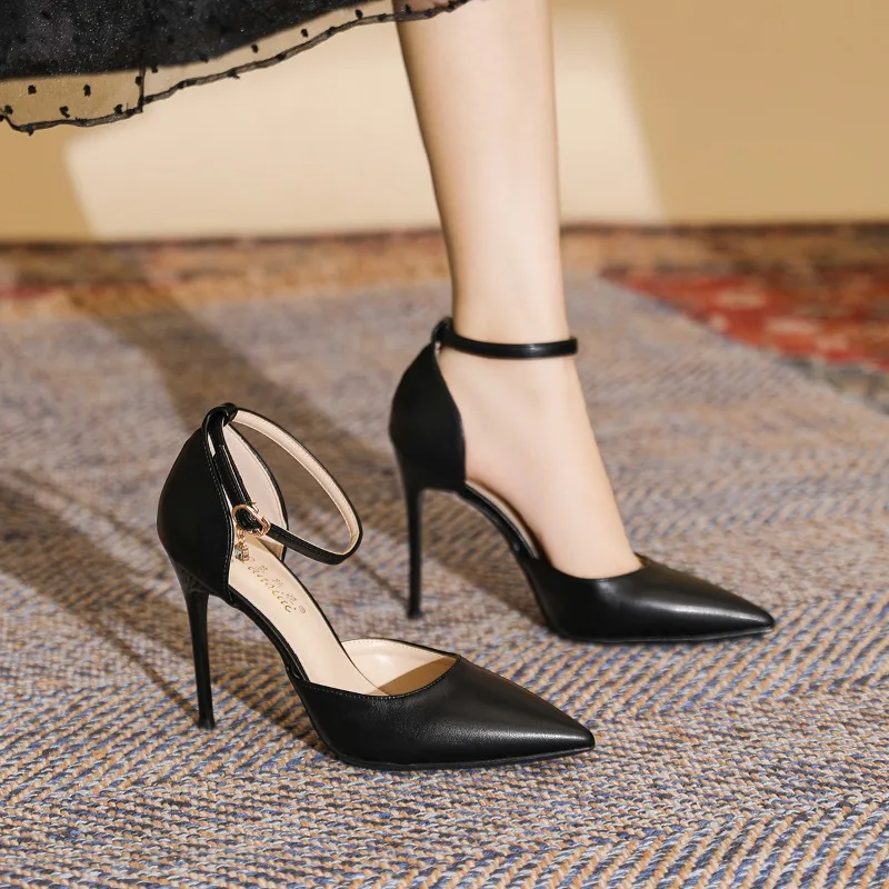 Black pointed flat toe high-heeled commuting professional hollow single shoes versatile widened toe cap slim heel sandals