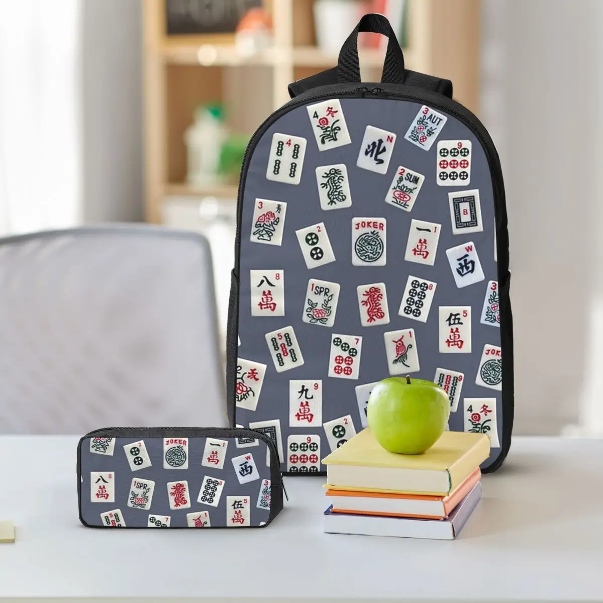 Mahjongg Game Tiles Design On Blue Color Backpack Student BookBag School Bag Shoulder Bags 3ps Insulated Lunch Bag Pencil Case