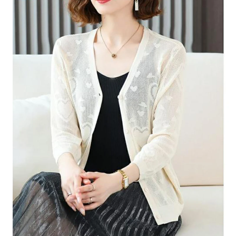 Women Korean Style Sexy Hollow Thin Elegant Knitwear Coat Spring Summer Ladies Solid V Neck Long Sleeve Button Knitted Cardigans