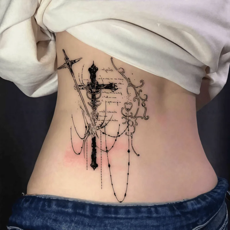 

Temporary tattoo stickers with dark gothic cross and chain design. Made with waterproof herbal juice ink, featuring a matte non-reflective finish. The color lasts for 7days. These paper-based modern body art stickers are suitable for both men and women.