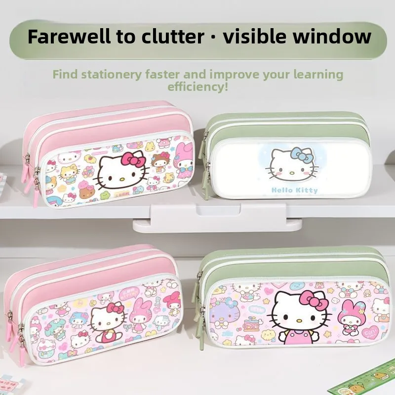 Hello Kitty Inspired 2 Layer Pencil Pouch Kawaii Anime Character Double Compartment Pen Holder for Markers Rulers Gift wholesale