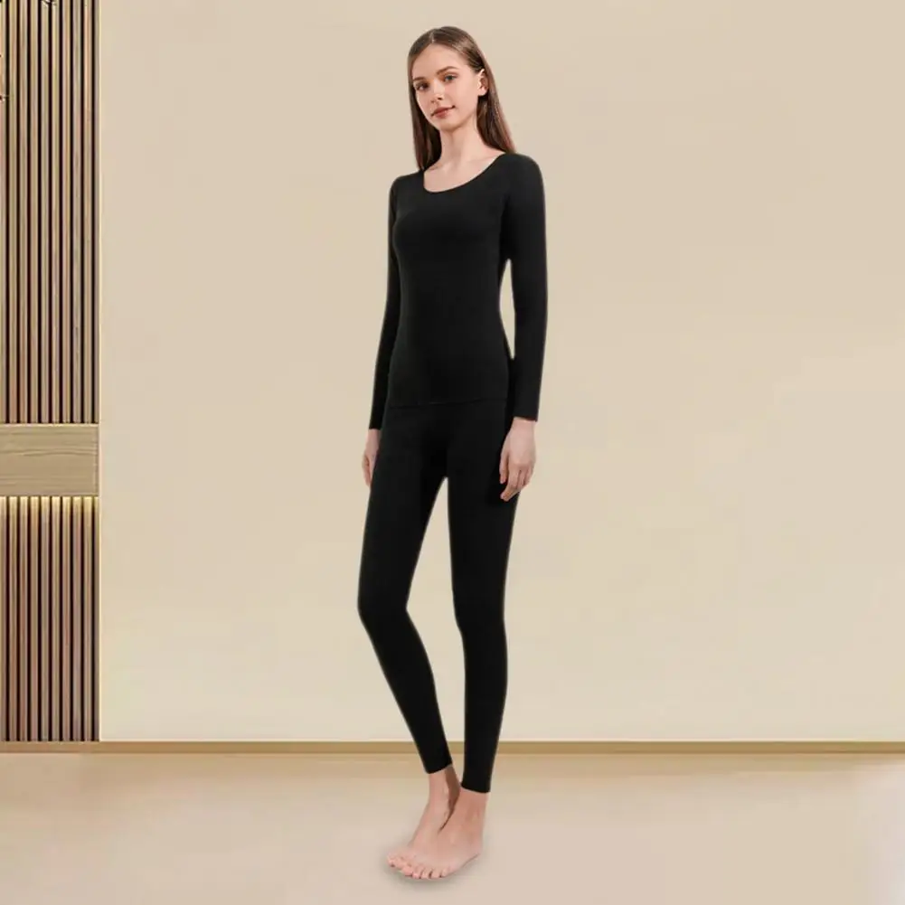 Women Thermal Underwear Set O Neck Seamless Base Layer Set Long Sleeve Warm Double-sided Plush Cold Weather Pajamas Set Homewear