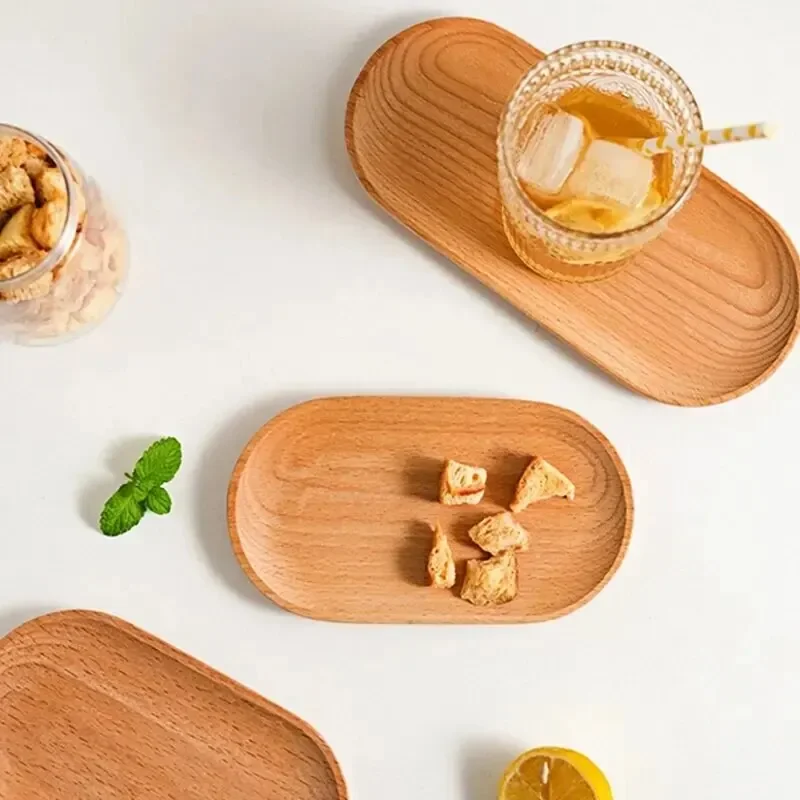 

1PC Japanese-Style Tableware Solid Wood Dessert Plate Wooden Tray Snack Plate Fruit Plate Beech Oval Tray Cup Pad Coaster Plate