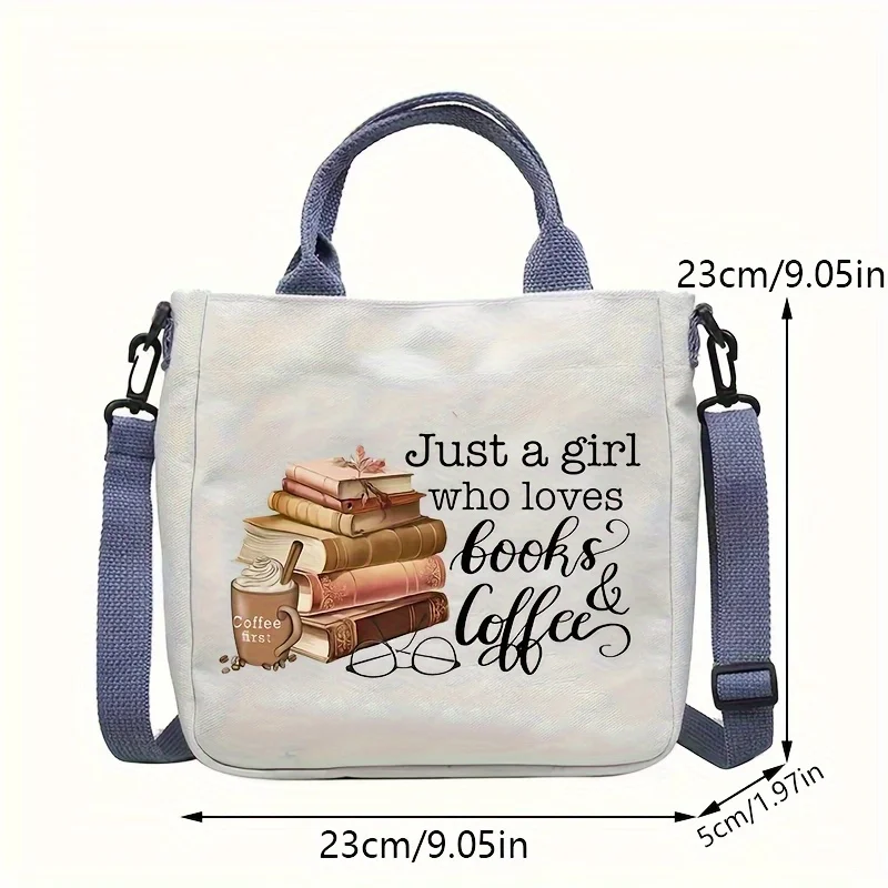 Books And Coffee Print Canvas Crossbody Tote Bag Adjustable Strap Casual Shoulder Handbag Gift for Book Reading Lovers