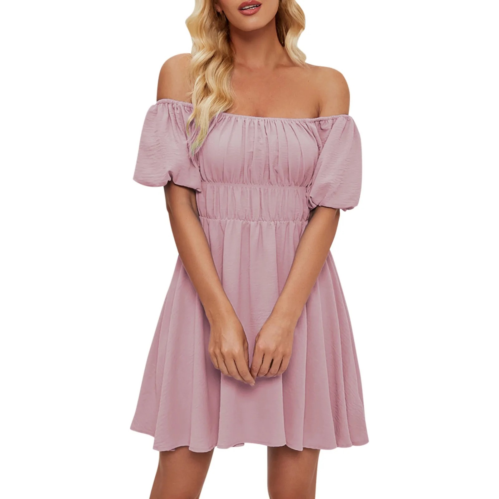 

Women's Fashionable Solid Color One Line Neckline Bubble Short-Sleeved Temperament Pleated High Waisted Dress