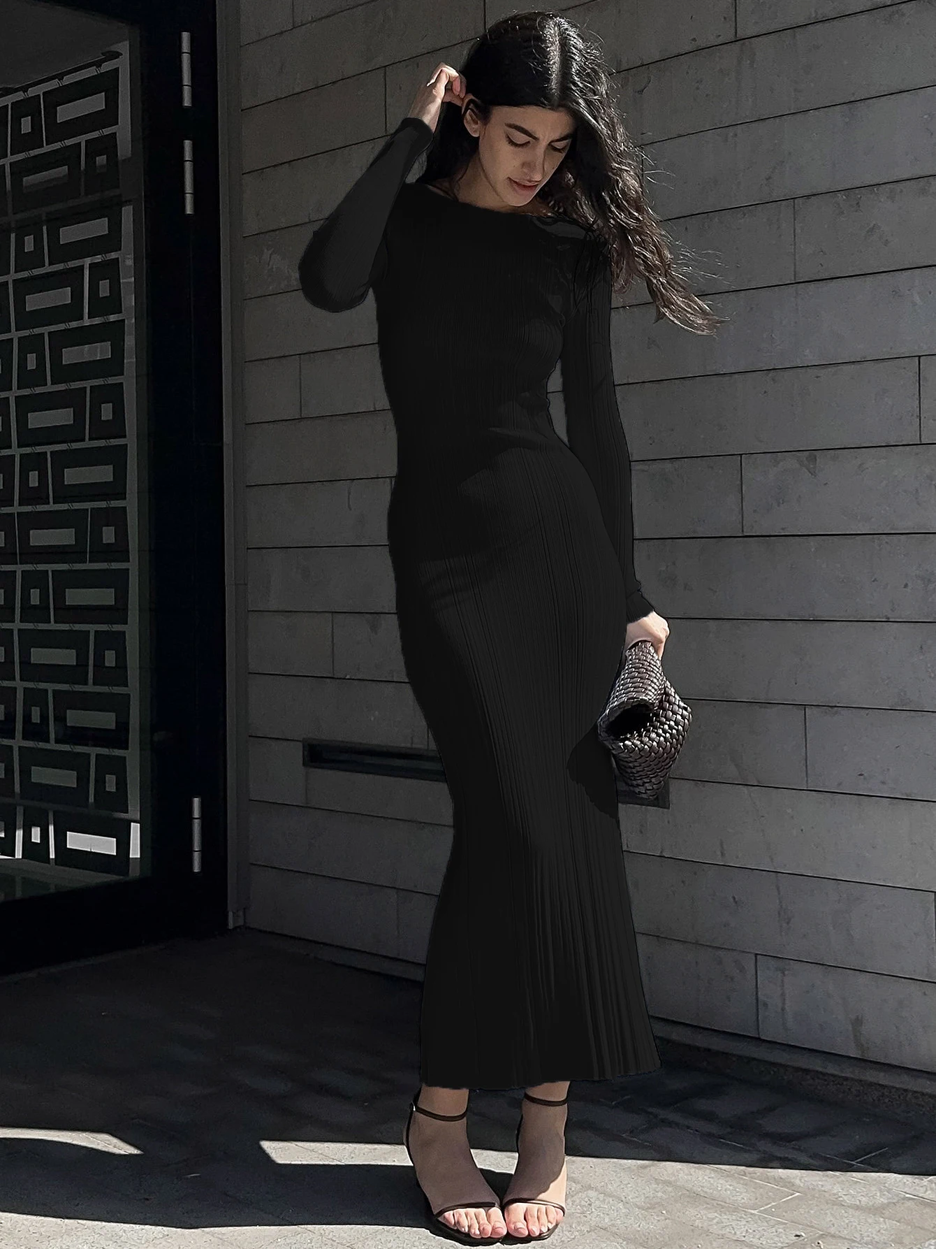 

2024 Women Spring Autumn Solid Color Bodycon Knit Dress Long Sleeve Crew Neck Ribbed Dress Slim Fit Long Dress