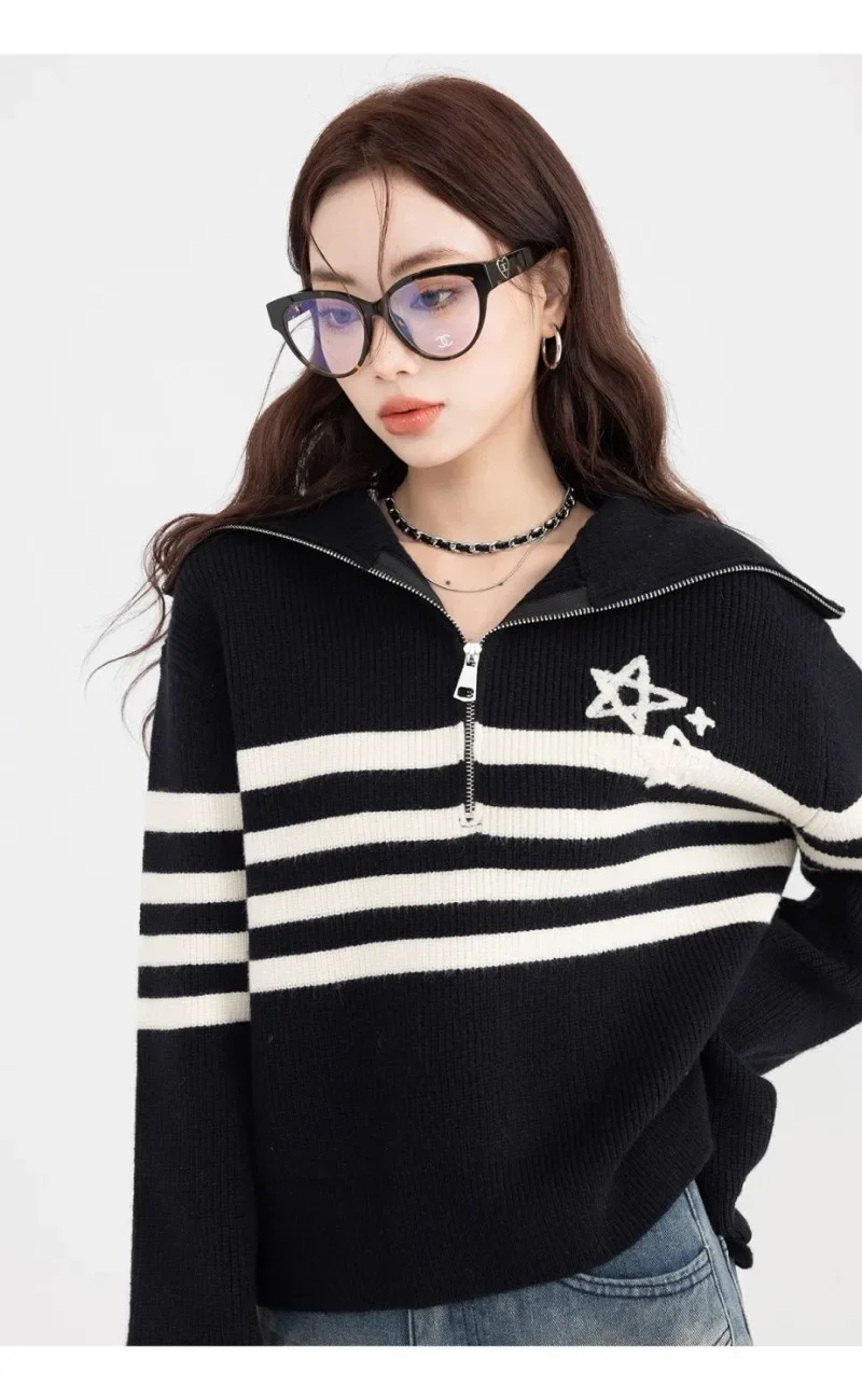 Striped Star Embroidery Knitted Pullover Women Short Sueter Mujer American Sweater Y2k Vintage Half Zipper Turn Down Collar