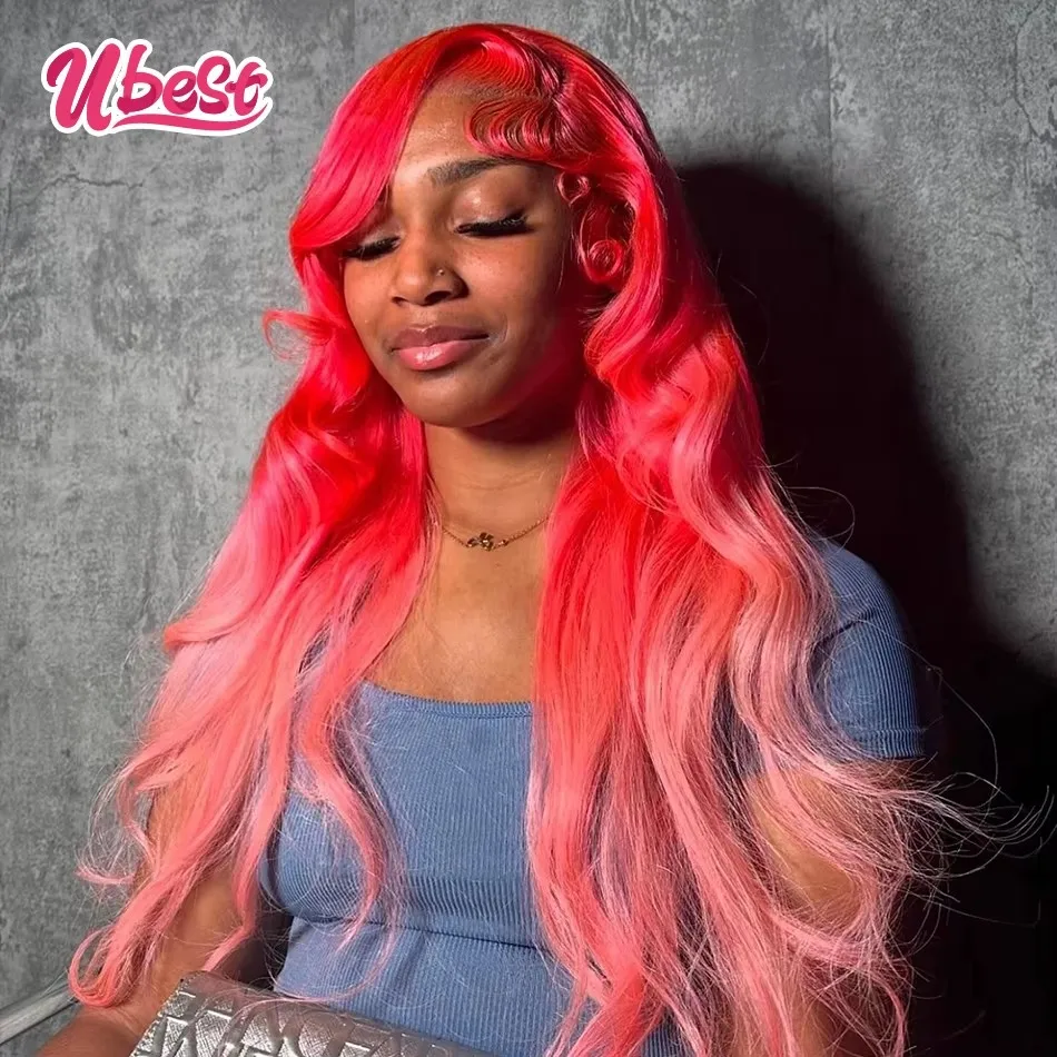 

Ombre Pink Red Colored Body Wave 13x6 Lace Front Wigs Brazilian 100％ Human Hair Transparent Glueless Wig Pre Plucked For Women