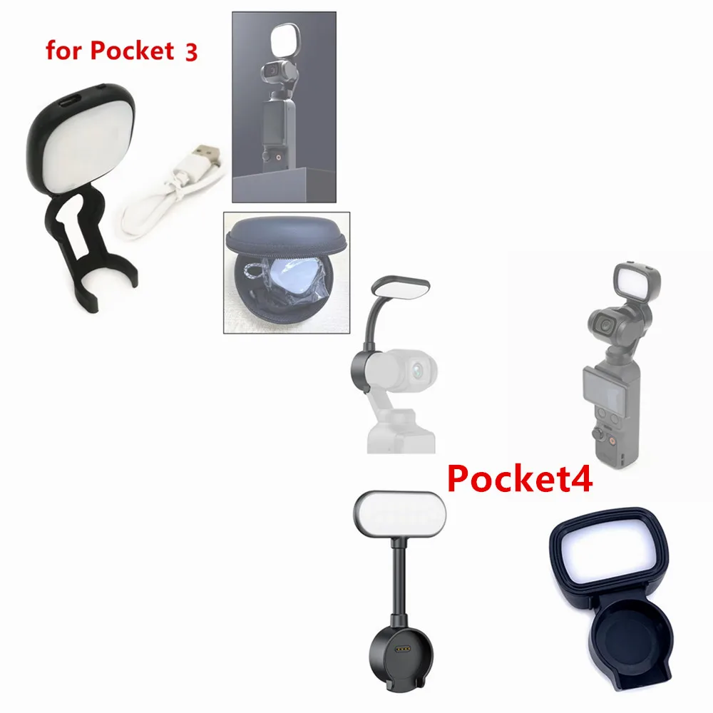 Adjustable Led Fill Light  Lamp + Bracket Clamp Adapter + Charger Cable for DJI Osmo Pocket 1 2 3 4 Handheld Gimbal Camera