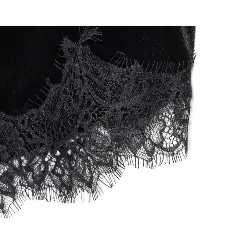 ربيع الخريف المرأة المخملية الدانتيل فستان ميدي مع تنحنح غير المتماثلة الخامس الرقبة رقيقة الأشرطة مثير عارية الذراعين المرأة ميدي فستان الإناث #6