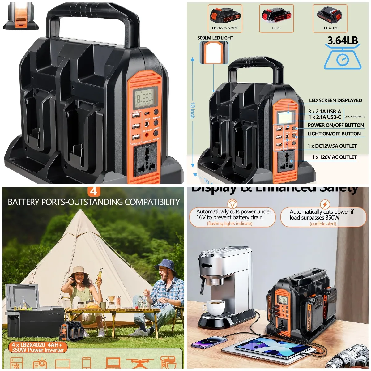 

350W Pure Sine Wave Inverter for Black+Decker 20V Battery, 4-Port DC to AC, 3 USB-A, 1 USB-C, LED Light, Camping Emergency