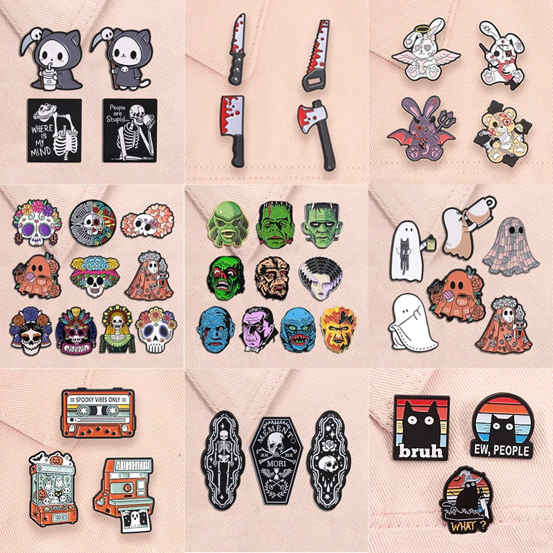 2-10pcs/set Halloween Enamel Pins Punk Skeleton Ghost Horror Movies Killer Grim Reaper Cat Voodoo Doll Brooches Jewelry Gifts