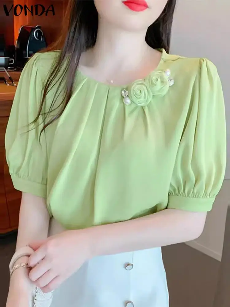 Women Summer Blouses VONDA Three-dimensional Flowers Elegant Solid Color Shirts 2024 Short Puff Sleeve Pleated Tunic Tops Blusas