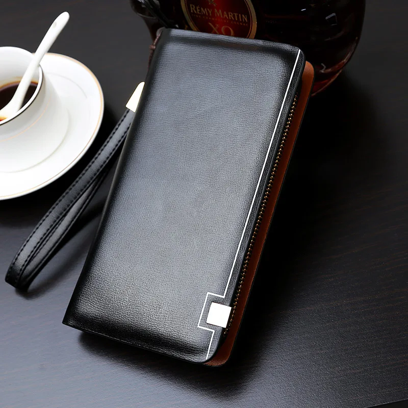 Luxury Brand Men Clutch Bag Leather Long Purse Double Zipper Business Wallet For Husband Gift Black Brown Male Casual Handy Bag