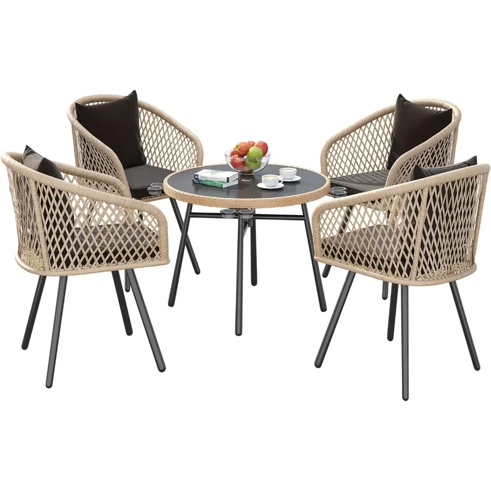 

5-Piece Outdoor Dining Set with Umbralle Hole, Rattan Patio Dinging Set for 4 with Glass Top Dining Table (Light Brown + Black)