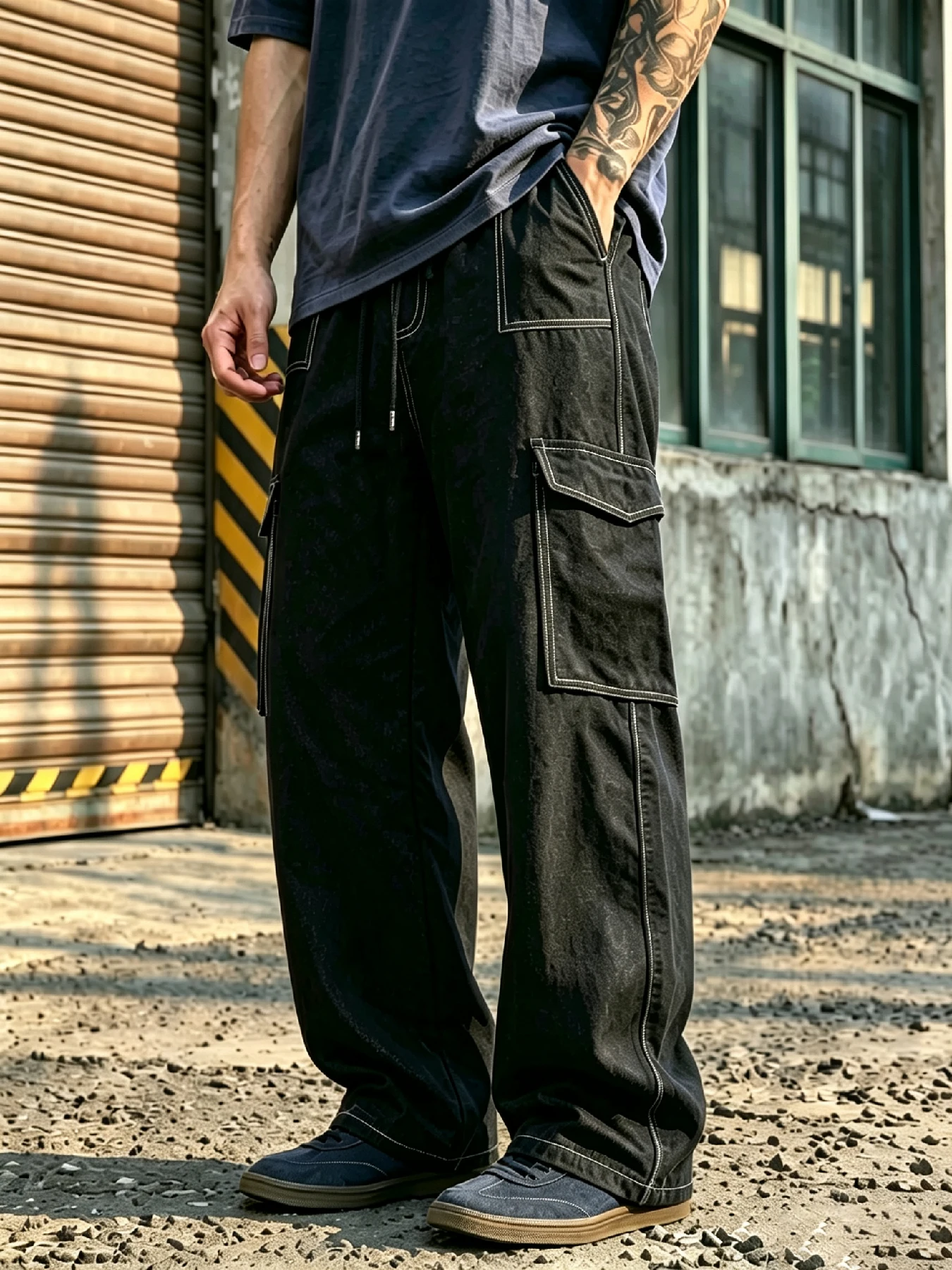 Men's Topstitching 3D Cargo Wide Leg Casual Pants American Vintage Style Drawstring Elastic Waist Contrast Stitching Flap Pocket
