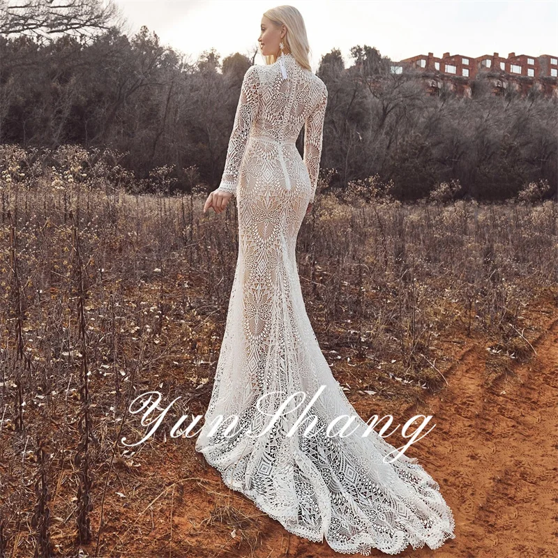 Yunshang Elegant Mermaid Wedding Dresses Women Lace Open Back Long Sleeve Bridal Gown High Collar Sweep Train Vestidos De Novia