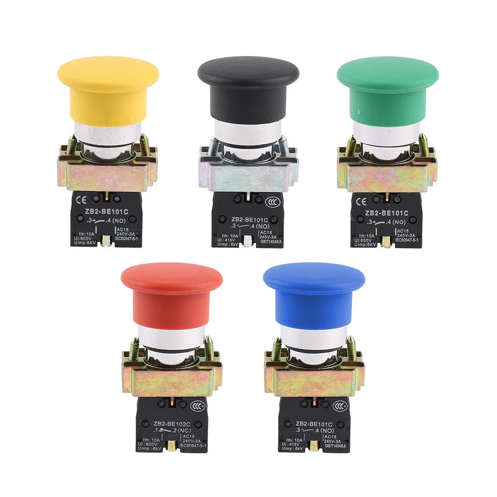 Mushroom Head Push Button Switch Momentary Self-Reset  with 40mm Red Green Yellow Black XB2-BC21 BC31 BC42 BC51 1NO/1NC 