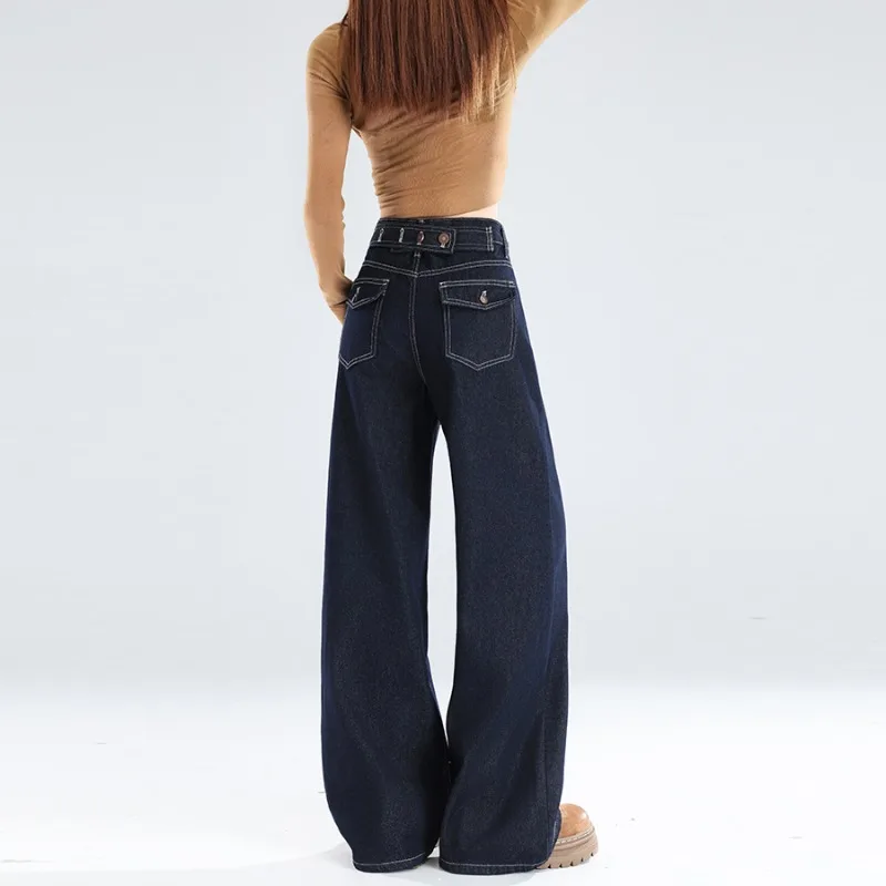OIQERE Women 2026 Autumn American Dark Blue Wide Leg Jeans High Waist Slim Loose Stylish Straight Denim Long Trousers 4
