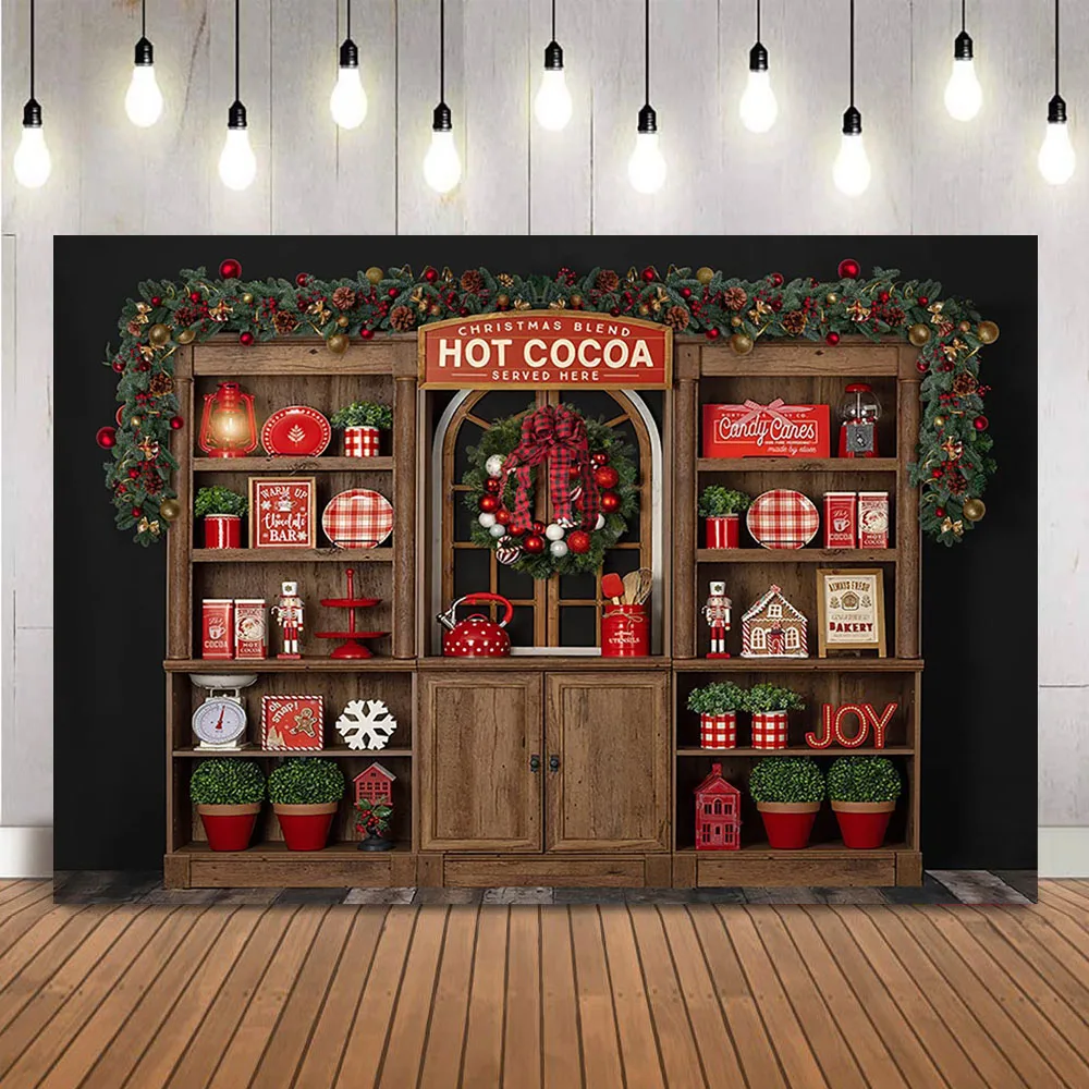 

Christmas Hot Cocoa Shop Backdrop for Photography Kitchen Cupboard Kid Children Background for Photo Studio Photocall Vinyl