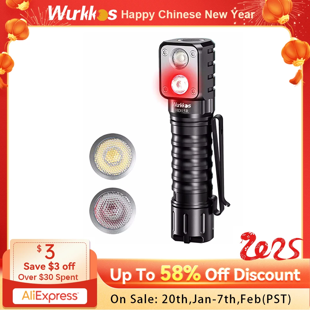 Wurkkos HD15R 18650 Dual LED Headlamp with Red FloodlightRechargeable Flashlight 2000lm with Magnetic Tail Camping Lights