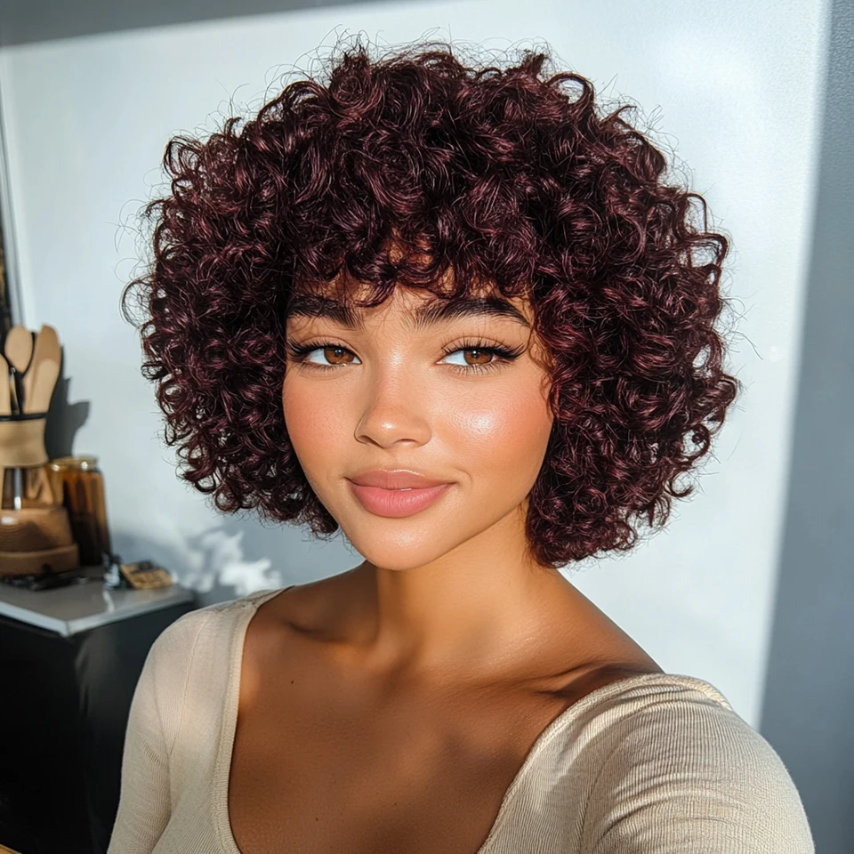 Peruwiańskie krótkie peruki Bob Pixie Afro Kinky Curly z grzywką dla czarnych kobiet Natural Brown 99J Pełne peruki z ludzkich włosów wykonane maszynowo