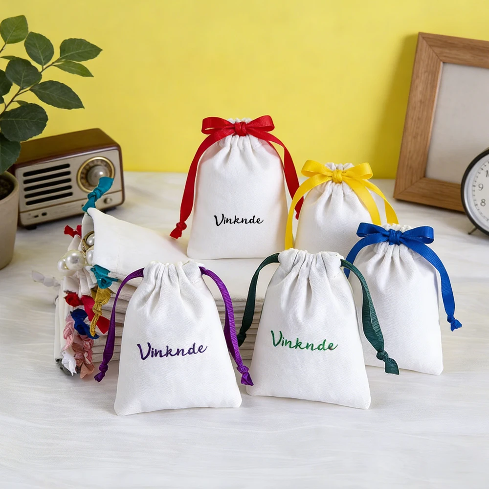 

50Pcs/Lot White Twill Cotton Dust Sack Customized Logo Ribbon Drawstring Muslin Gift Bags 30x40cm Wedding Travel Storage Pouches