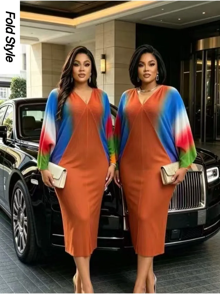 2026 Miyake New Loose Casual Bat Sleeve Gradual Change Dress V-neck Temperament Fashionable Women's Medium and Long Dress