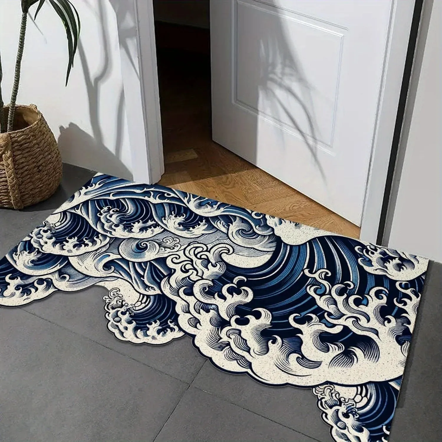 VIKAMA Japanese Ukiyo-E Great Wave Print Non-Slip Floor Rug for Entryway, Bathroom and Home Decor, Living Room Bedroom