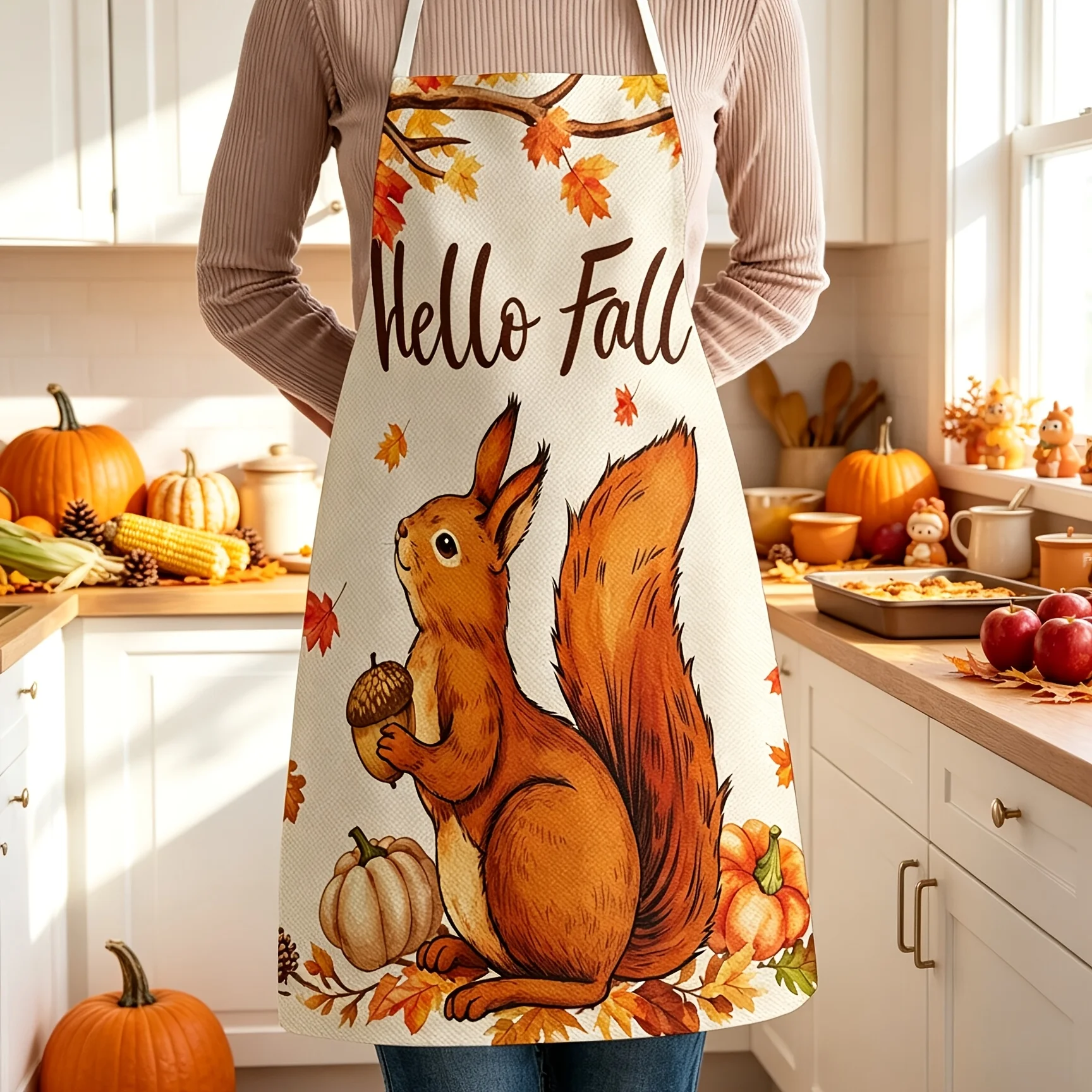 Hello Fall Autumn Squirrel Kitchen Apron Cute Fall Harvest Print Apron for Cooking Baking Gift