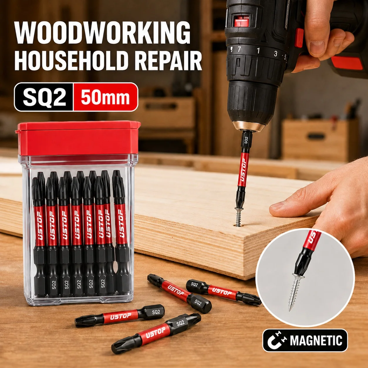 15-teiliges SQ2 Magnetisches Schraubendreher-Bit-Set 50mm S2 Stahl 1/4 Zoll Sechskant-Schraubendreher-Bits mit Aufbewahrungsbox für Holzbearbeitung und Haushaltsreparaturen – Detail 4