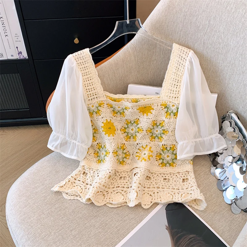 Granny Square Top Crochet Knit Hollow Out Embroidery Lace Square Neck Blouse Summer Women Teengirl Fairycore Outfit