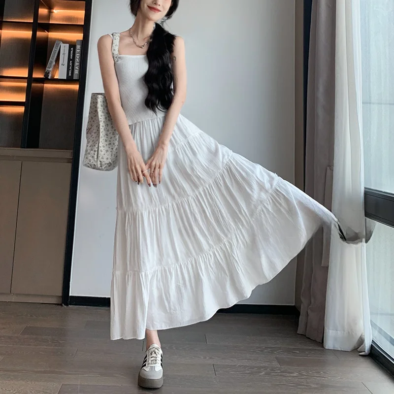 

White Puffy Half Skirt Women's High Waist Slim A-Line Summer Long Skirt Small Size Cake Style Pure Color Polyester Elas...