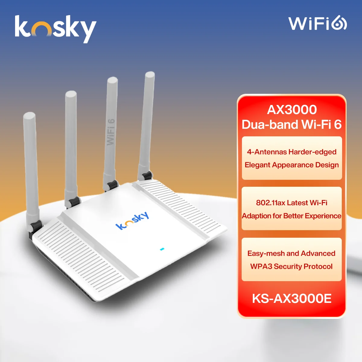KOSKY 3000Mbps Wi-Fi 6 New-gen Wireless Router، 802.11ax Wireless Router، Gigabit، Dual Band Internet Router، VPN Router