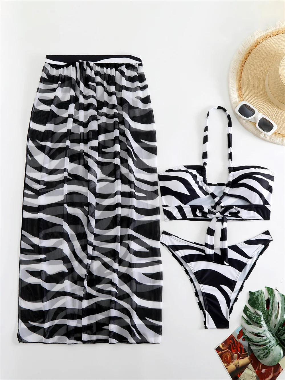 Black and White Zebra Print Bikini Skirt Cover-ups Hollow Out Cross Bandage Swimsuit Women Halter Backless 3 Piece Beach Outfit - view 3