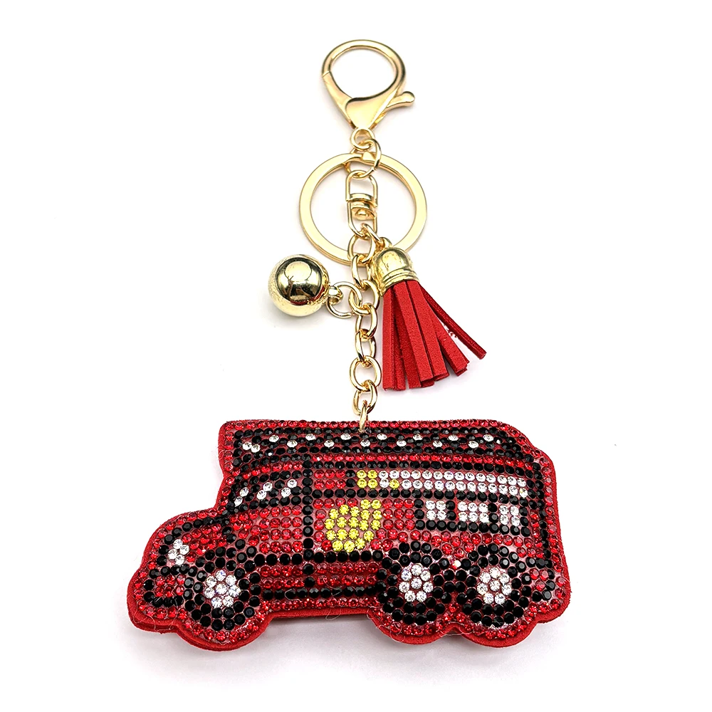Feuerwehrauto Strass-Schlüsselanhänger Feuerwehr-Thema Rote Quaste Taschenanhänger Feuerwehrmann Schlüsselhalter Souvenir Geschenk Notfallfahrzeug Schmuck – Detail 4