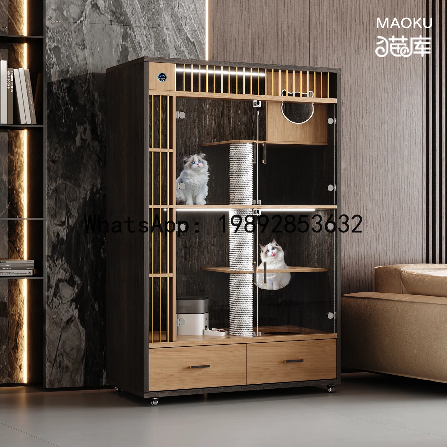 XL Smart Cat Villa Solid Wood Indoor Cat Cage Fresh Air Cat Cabinet House with Integrated Litter Box and Toilet