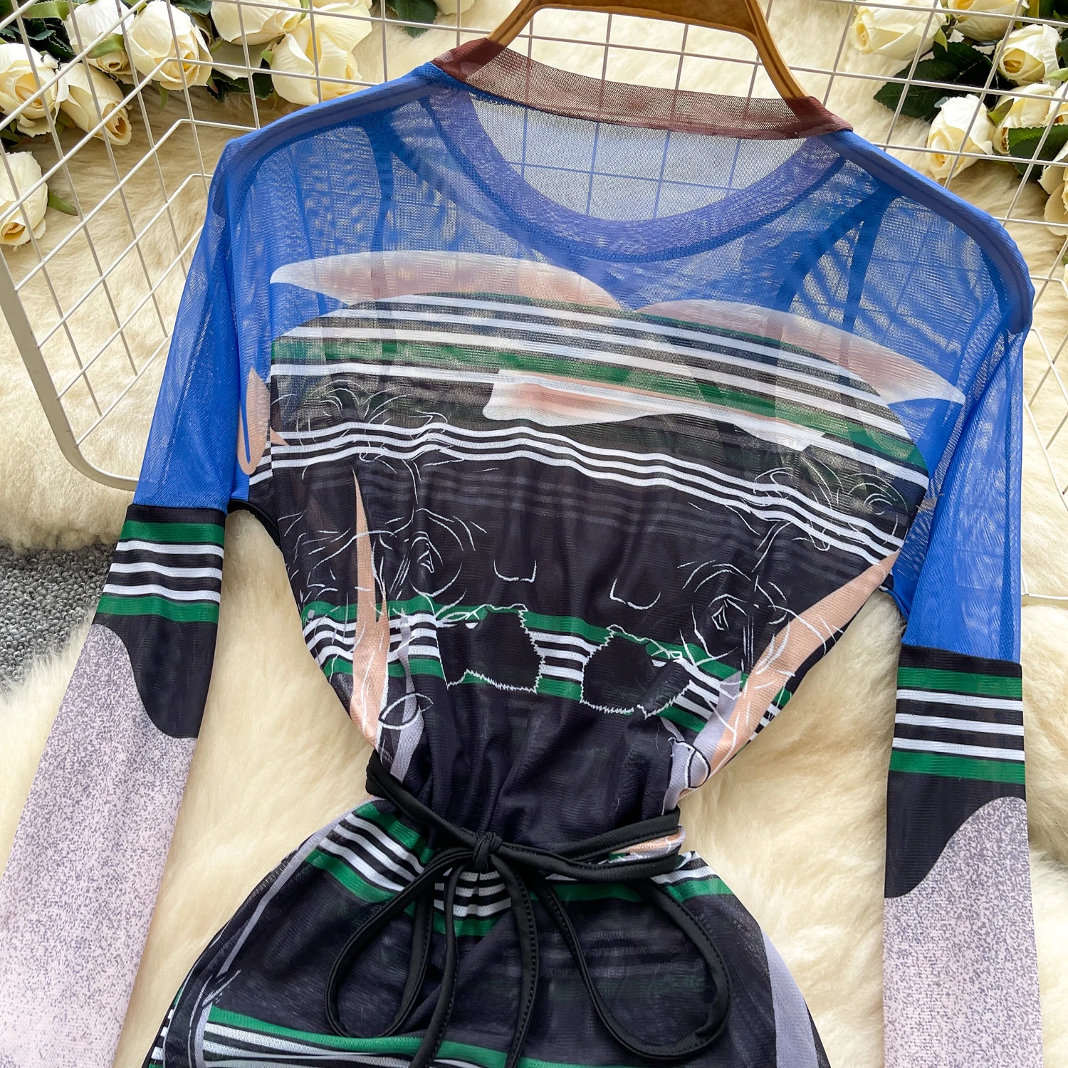 SINGREINY Multicolor Print Mesh Dress Sheer Long Sleeve Lace Up Slim Night Party Short Dresses Women Clubwear Bodycon Mini Dress