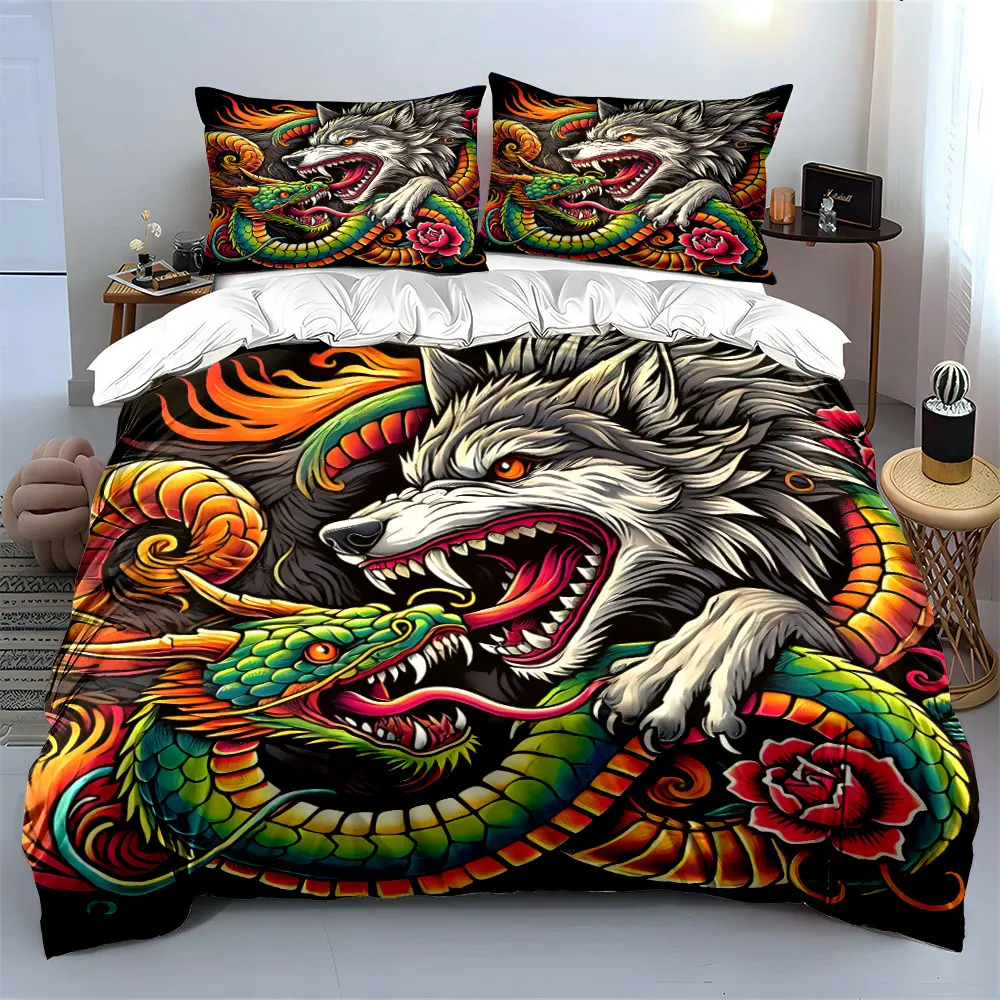 Fierce battle of wolf and snake in vivid colors Print Bedding set 3PC 1 duvet cover 2 pillowcases adult children bedding set